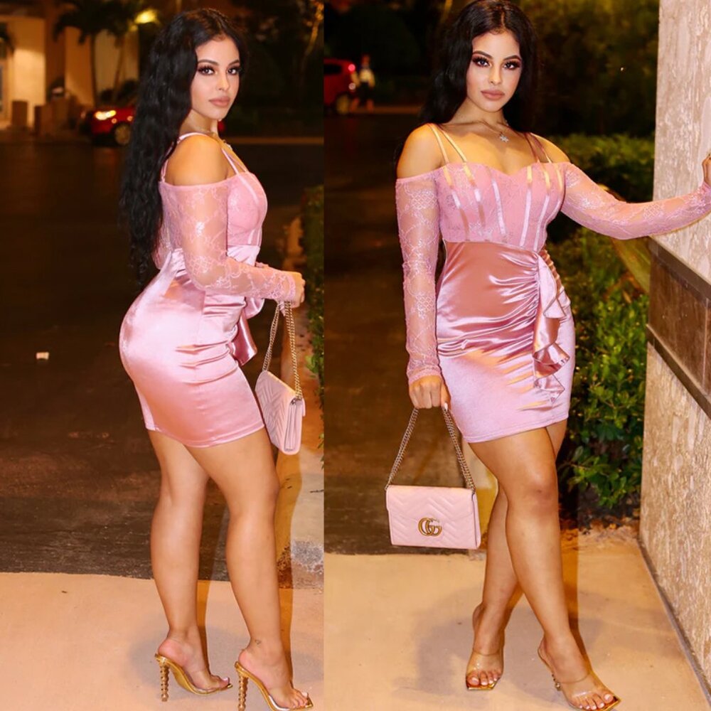 Daniela Off Shoulder Ruffled Satin Long Sleeve Lace Bodycon Mini Dress